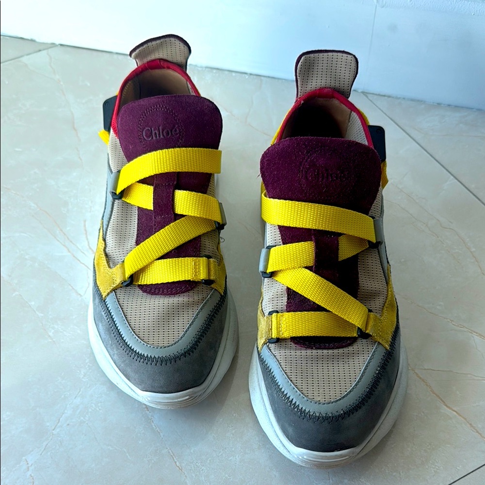 Chloé Multicolor Suede & Mesh Sneakers with Yellow Straps